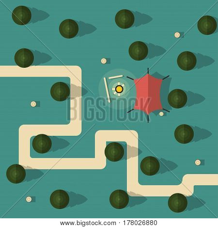 Forest top view. Camping with a tent and campfire. Trees and stumps in the vector. The path in the woods