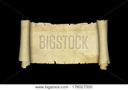 Antique parchment scroll with torn adges on black background.
