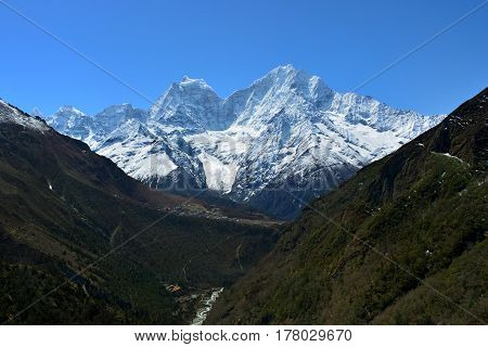 Majestic panoramic view of the Himalaya mountains on the way to Gokyo lakes Nepal.