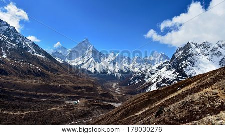 Beautiful panoramic view of the valley and Ama Dablam mountain on the way to Everest base camp Nepal.