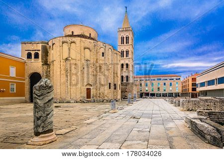 View at marble historic landmarks in Croatia, city center of town Zadar.