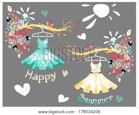 Modern colorful woman dresses hanging on hangers for design. Colorful pastel floral pattern on the gray bckground. Template for text. Vector illustration