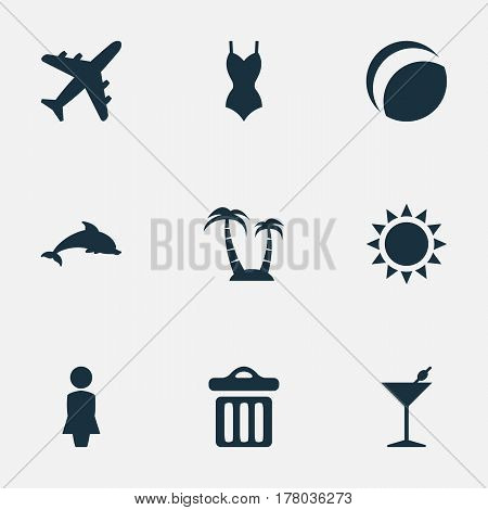 Vector Illustration Set Of Simple Seaside Icons. Elements Garbage, Mammal Fish, Sun And Other Synonyms Palm, Bar And Madame.