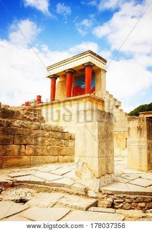 ancient ruines of Knossos palace at Crete, Greece, retro toned