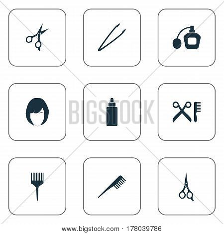 Vector Illustration Set Of Simple Beauty Icons. Elements Scissors, Barbershop, Serum And Other Synonyms Pincers, Haircut And Perume.