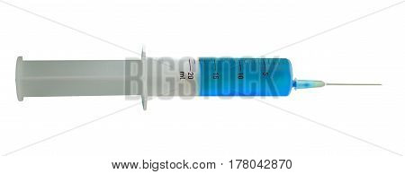 Isolated syringe with needle with blue liquid on white background