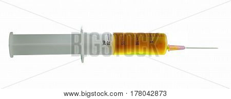 Isolated syringe with needle with yellow liquid on white background