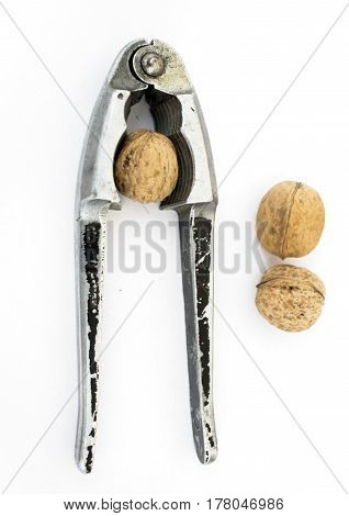 Old Nut Cracker Isolated On White Background With Nuts