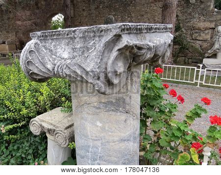 Ancient marble column on the ruins of the ancient city of Side