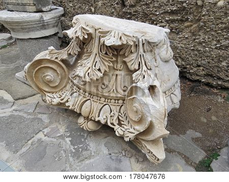 Part of the ancient columns and friezes on the ruins of the ancient city of Side