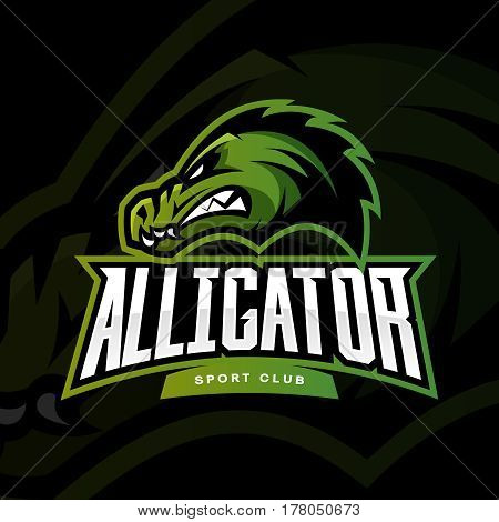 Furious alligator sport vector logo concept isolated on dark background. Professional team predator badge modern design.
Premium quality wild animal t-shirt tee print illustration.