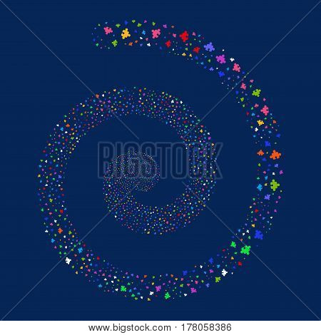 Component fireworks swirling spiral. Vector illustration style is flat bright multicolored scattered symbols. Object twirl constructed from scattered pictograms.