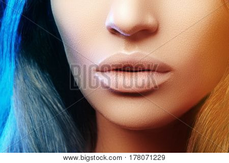 Beauty shot for spa salon. Close-up portrait beauty woman. Natural lip closep. Sexy and full lips. Clean skin.