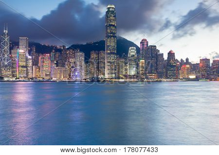 Twilight Hong Kong city central business downtonw cityscape background