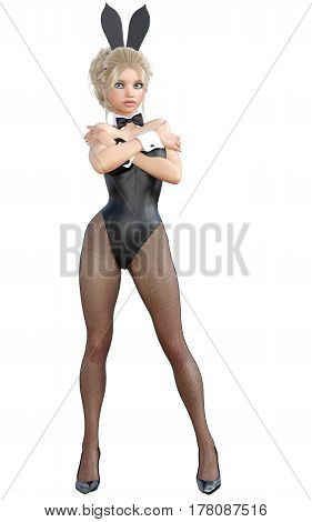 Bunny Girl. Sexy woman long legs in black fishnet tights. Black swimsuit and shoes. Conceptual fashion art. Green  eyes. Seductive candid pose. Photorealistic 3D render illustration. Isolate. Studio.