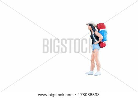 Close up of Miniature backpacker and tourist people isolated with clipping paht on white background.Elegant Design with copy space for placement your text mock up for travel concept