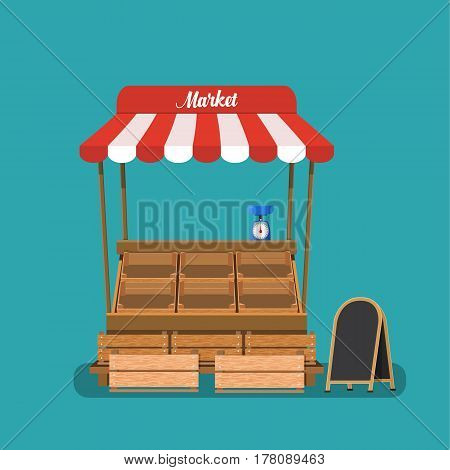 Traditional market empty wooden food stall. Crates and chalk board. Vector illustration in flat style