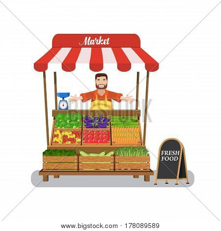 Market stall with salesman trading vegetables. Grocery retail theme. promote healthy eating concept. Food market. illustration in flat style
