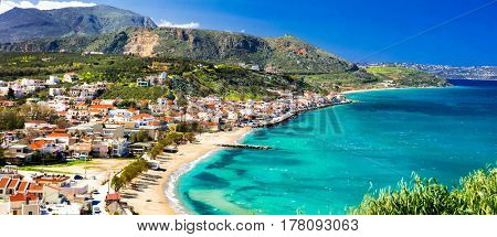 Greek holidays - beautiful Kalyves village with turquoise sea. Crete island