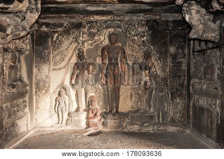 Statues On Ellora Caves Near Aurangabad In India