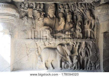 Statues On Ellora Caves Near Aurangabad In India