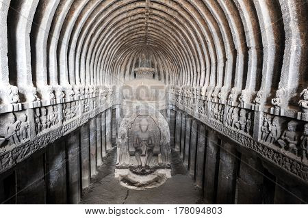 Statue Of Buddha On Ellora Caves Near Aurangabad On India