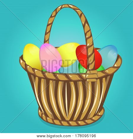 Easter basket with eggs happy easter on blue background isolated