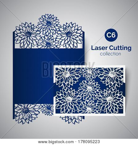 Laser cut wedding invitation. Envelope for cutting with aster flowers. Floral vector panel