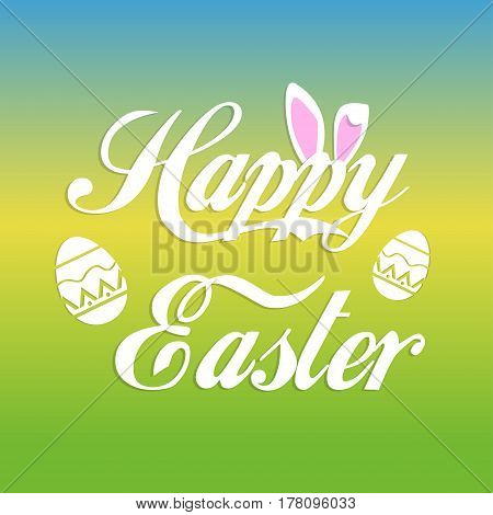 Happy easter greeting card with bunny ears and text banner and eggs on colorful background