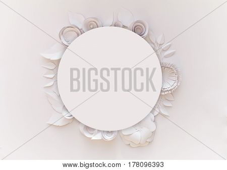 Round Frame With White Paper Flowers On White Background.