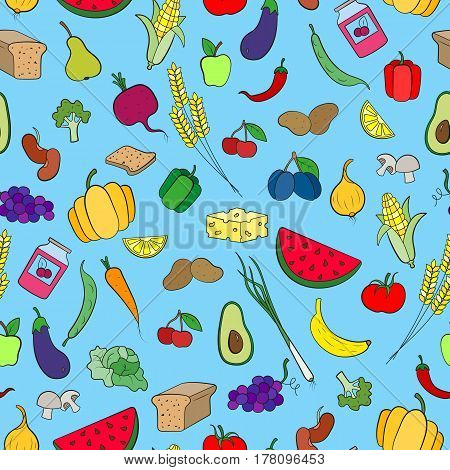 Seamless background on the topic of vegetarianism simple icons grocery stores signs on blue background