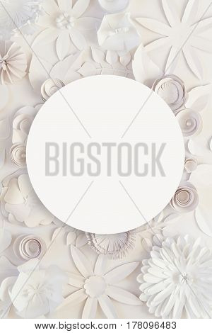 Round Frame With White Paper Flowers On White Background.