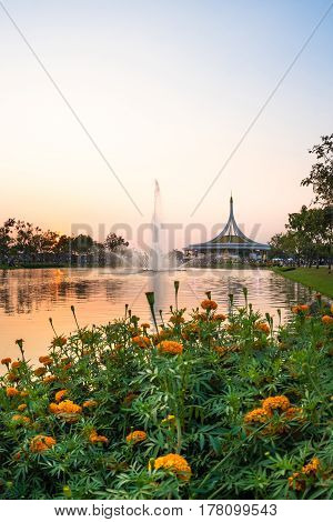 Pavilion landmark of Suan Luang Rama IX Public Park with beautiful sunset sky Bangkok Thailand