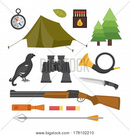 Set of vintage hunting symbols camping objects design elements flat style hunter weapons and forest wild animals and other outfit isolated vector illustration. Aiming outdoors equipment.