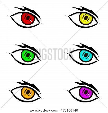 Eyes in flat style red yellow green blue orange purple black shine eyebrow eyelids