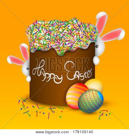 Happy easter. Cake eggs and funny rabbits