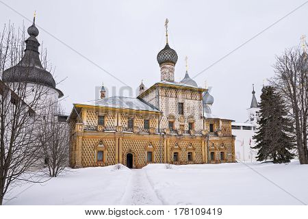 View of the Hodegetria Church in Rostov Kremlin in winter, Russia