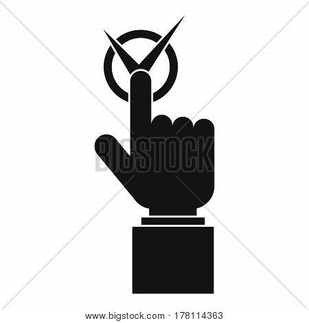 Hand finger pressing button with tick icon. Simple illustration of hand finger pressing button with tick vector icon for web