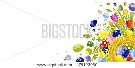 Stock vector isolated illustration Happy Easter background colored eggs, spring decoration, leave, tulip flower design element in flat style for printed material, greeting, festive card banner, flyer