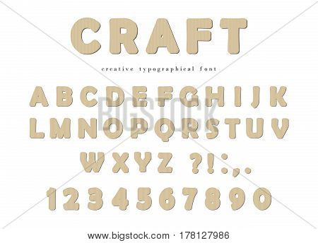 Craft typographical font. Cardboard ABC letters and numbers isolated on white. Vector.