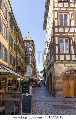 STRASBOURG, FRANCE - August 23, 2016 : Street view of Traditional houses in Strasbourg,  Alsace. is the official seat of the European Parliament, Located close to the border with Germany