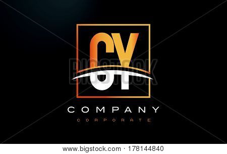 Cy C Y Golden Letter Logo Design With Gold Square And Swoosh.