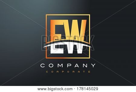 Ew E W Golden Letter Logo Design With Gold Square And Swoosh.