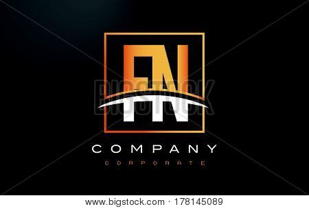 Fn F N Golden Letter Logo Design With Gold Square And Swoosh.