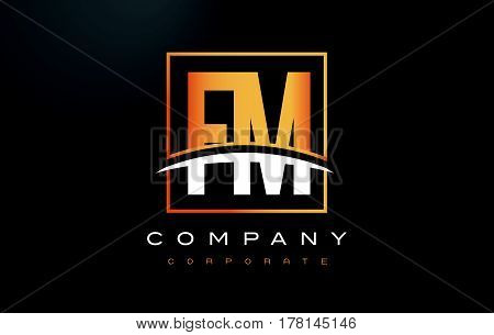 Fm F M Golden Letter Logo Design With Gold Square And Swoosh.