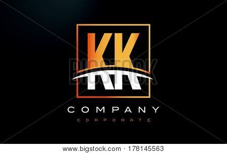 Kk K K Golden Letter Logo Design With Gold Square And Swoosh.