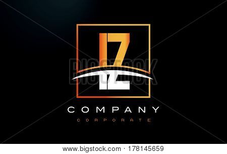 Iz I Z Golden Letter Logo Design With Gold Square And Swoosh.