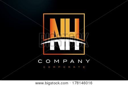 Nh N H Golden Letter Logo Design With Gold Square And Swoosh.
