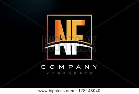 Nf N F Golden Letter Logo Design With Gold Square And Swoosh.