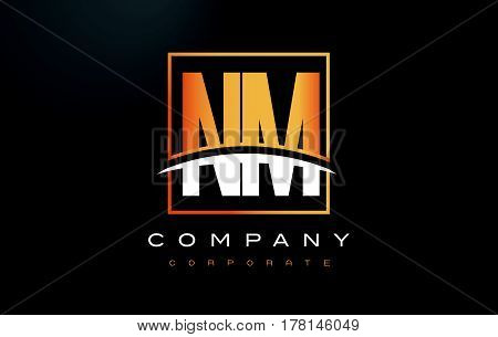 Nm N M Golden Letter Logo Design With Gold Square And Swoosh.